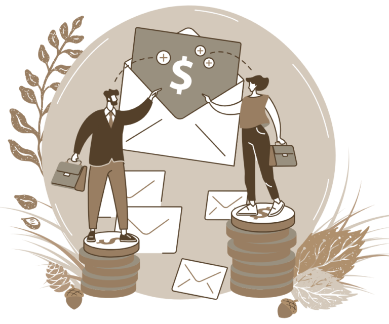 Illustration of two people pointing at an open envelope with a dollar sign, symbolizing the importance of contact with Country Bookkeeping & Payroll for expert financial services