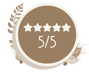 A circular badge with five white stars on a brown background, with "5/5" written in white below the stars, representing a perfect rating for Country Bookkeeping & Payroll